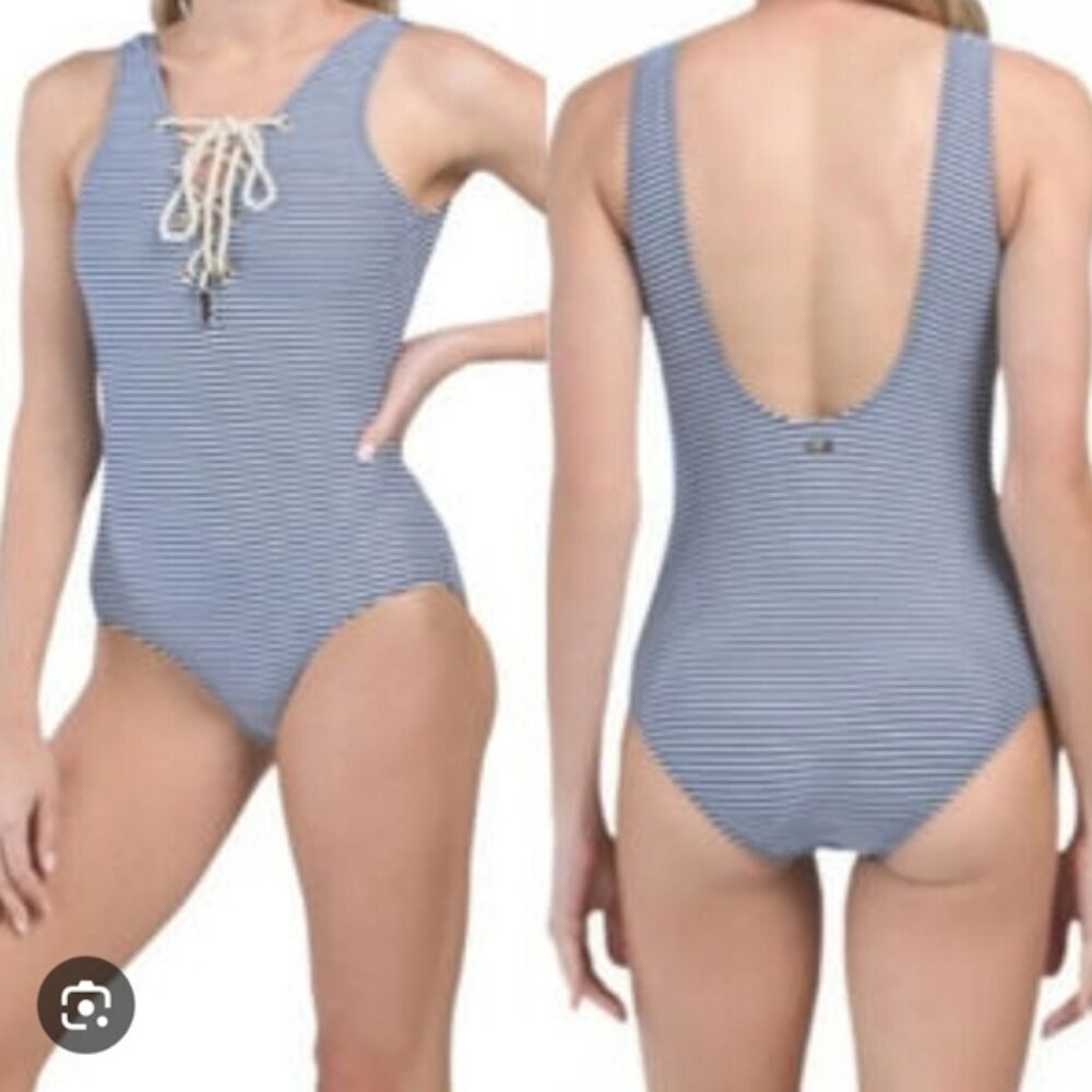 Jones New York Nautical Marinière Striped Lace Up One Piece Swimsuit L